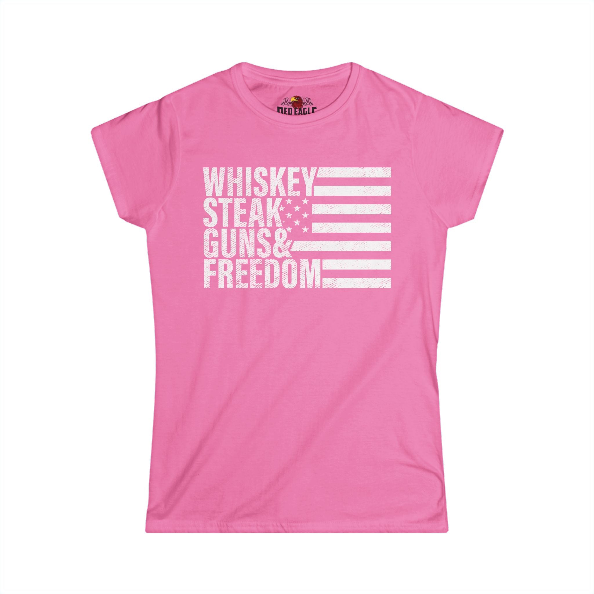 Pink t-shirt with white text and flag design on a white background