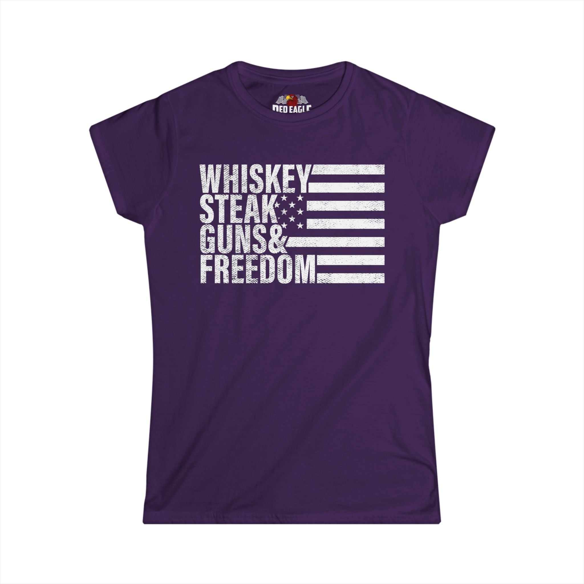 Purple t-shirt with white text and flag design on a white background