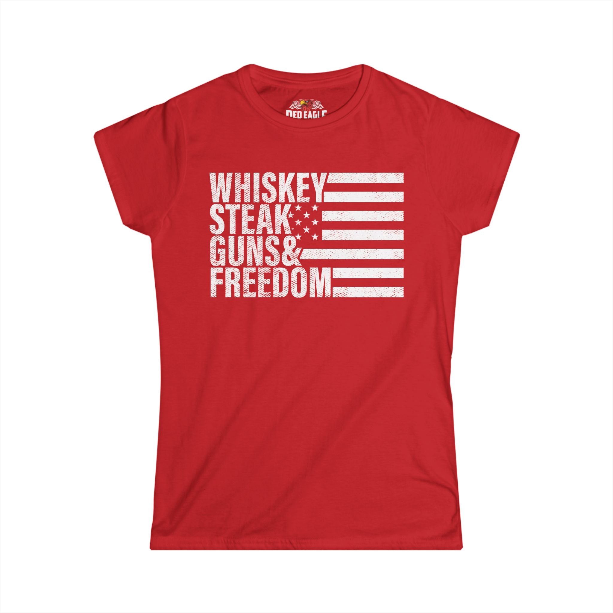 Red t-shirt with white text and flag design on a white background