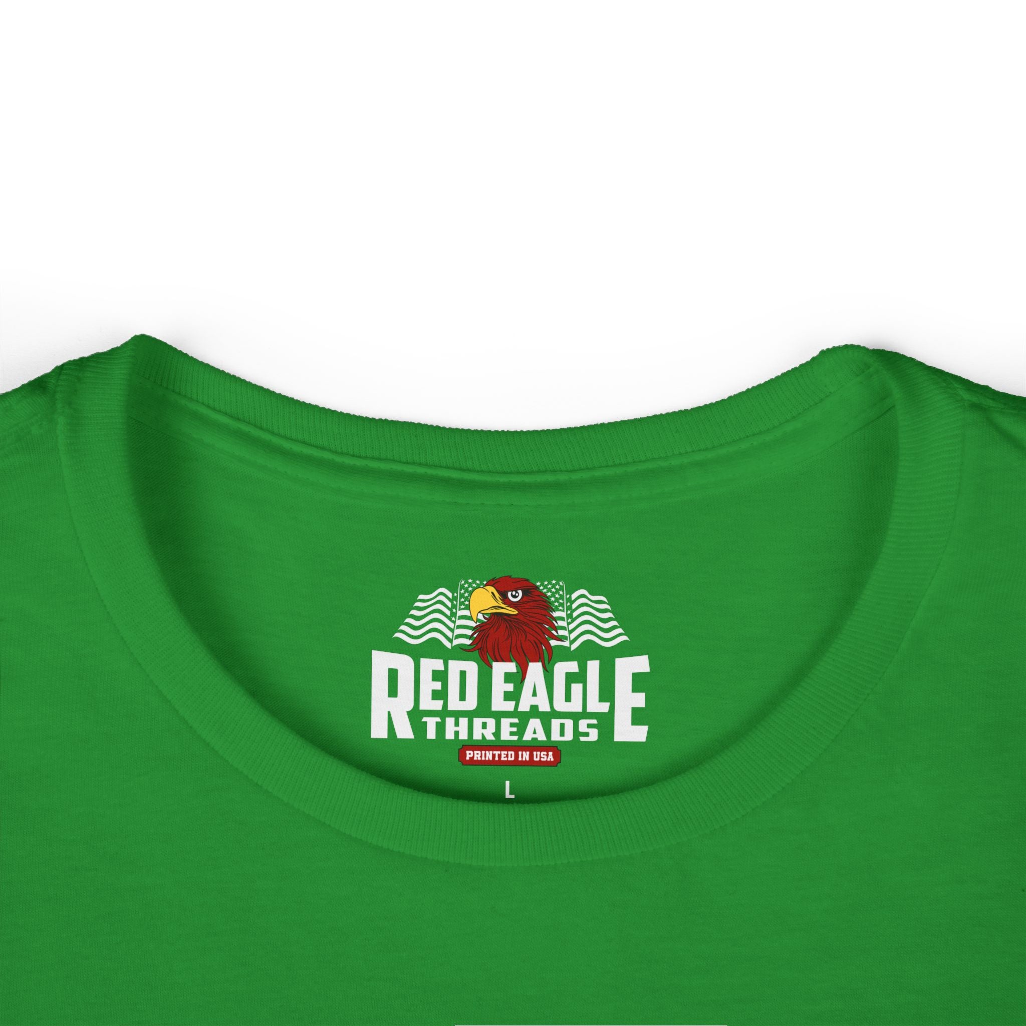 Green t-shirt with Red Eagle Threads logo on a white background