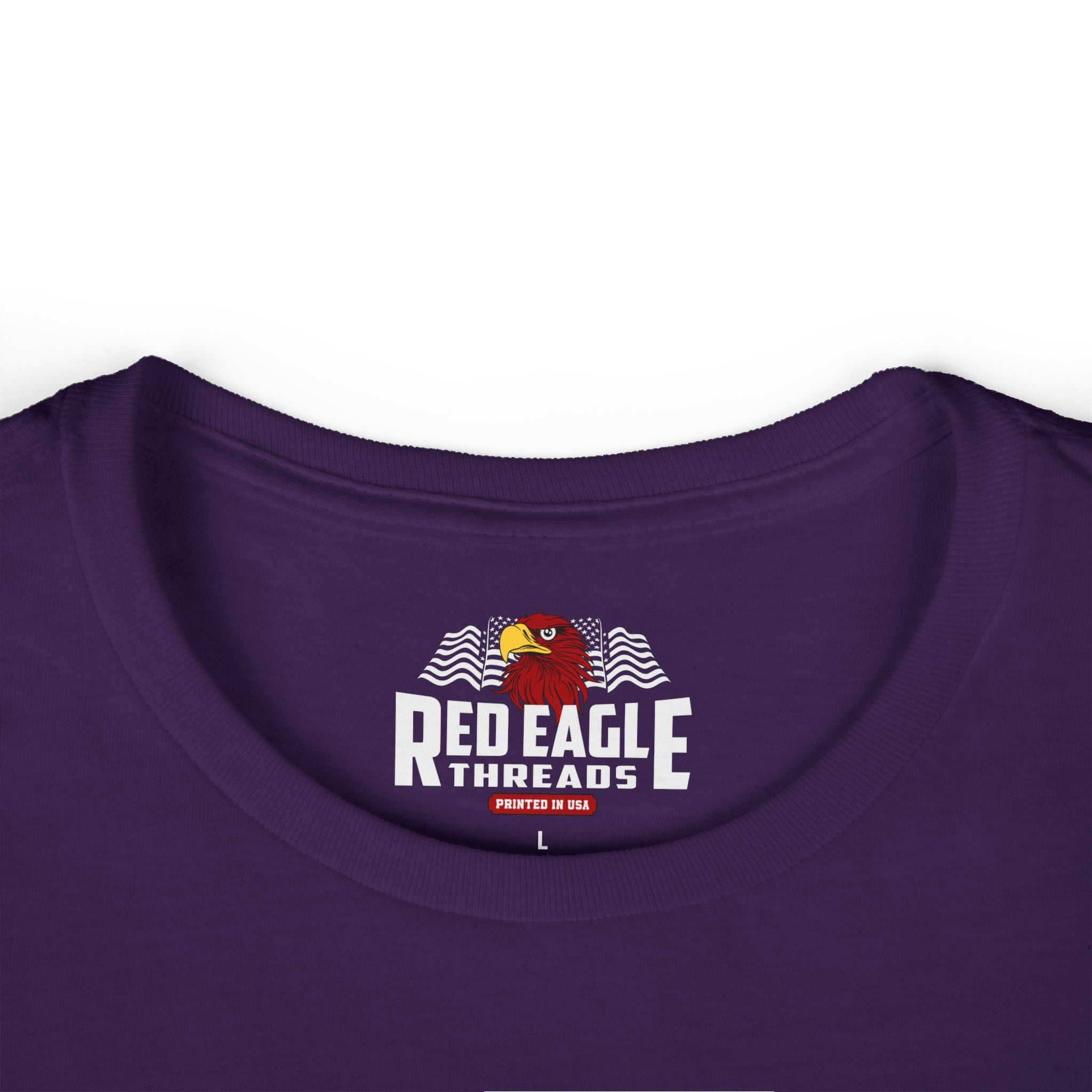 Purple shirt with Red Eagle Threads logo on a white background