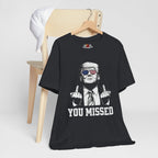 Vintage Black t-shirt with graphic design and text on a white background
