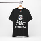 Black t-shirt with graphic design and text on a hanger against a white background