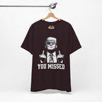 Oxblood Black t-shirt with graphic design and text on a hanger against a white background
