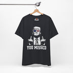 Vintage Black t-shirt with graphic design and text on a hanger against a white background