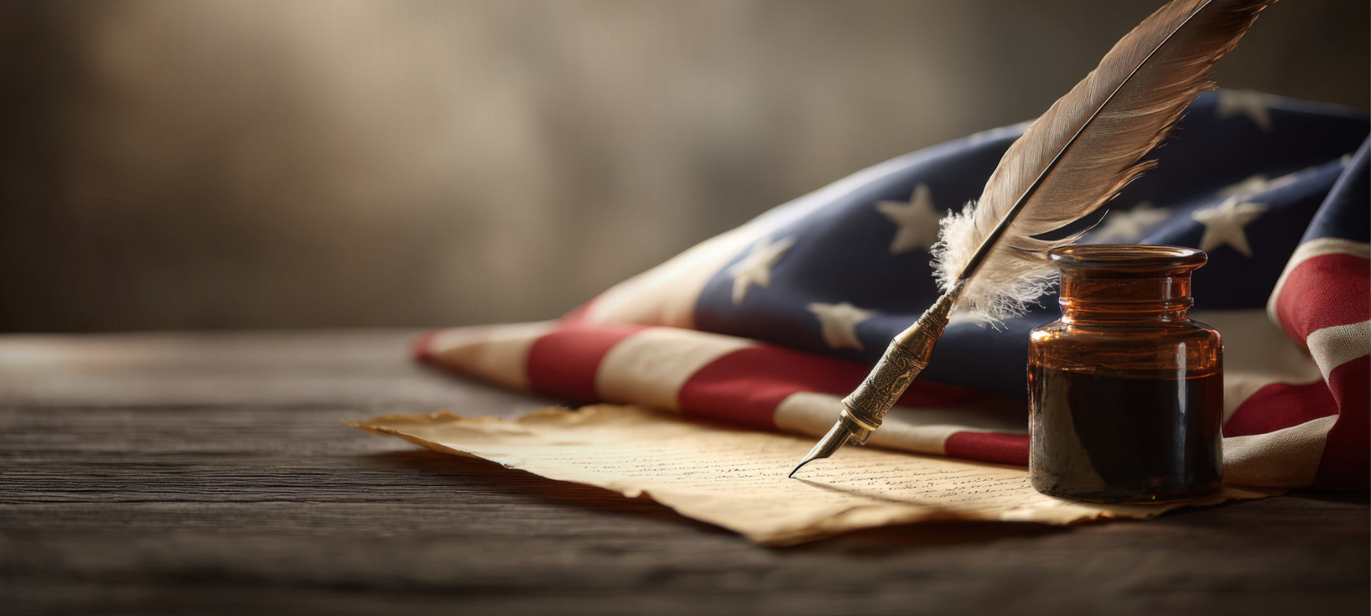 A vintage-style inkwell with a brown glass bottle and a feather quill resting on aged parchment paper, with a blurred American flag in the background on a wooden surface.