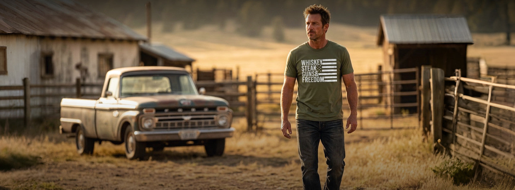 A man walking outdoors on a dirt road near a rustic barn and an old pickup truck, wearing an olive green graphic T-shirt with white text and dark jeans.
